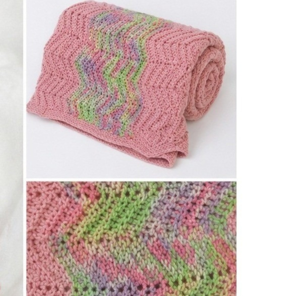 Crochet Baby Blanket 50"x53" Pink Chevron Knit Scalloped Edge Nursery‎ Cottage